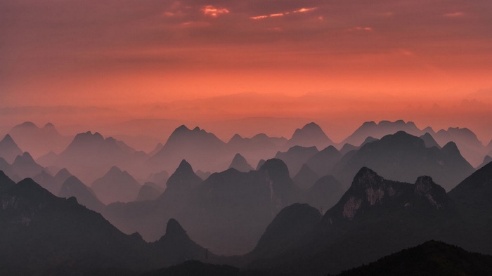 Misty mountains at sunset in Guilin, China