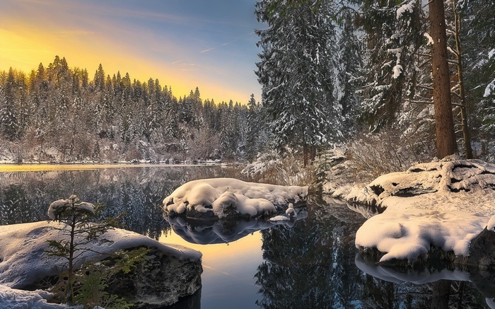 Snowy forest landscape with a lake at sunset