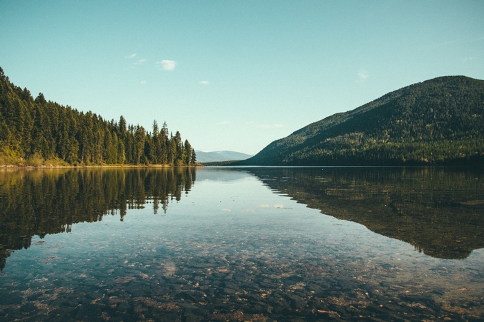 Lake and mountains with forest reflection