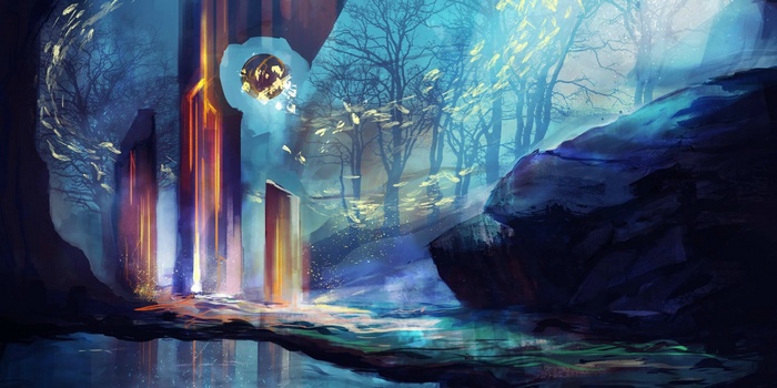 Fantasy art of a mystical forest with glowing pillars