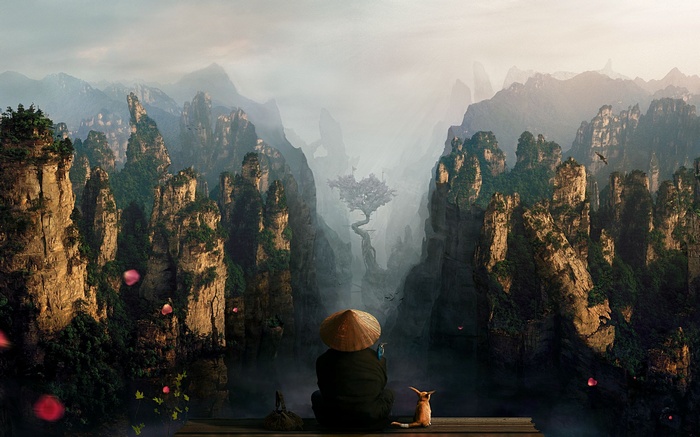 Fantasy art of a person and cat overlooking mountains