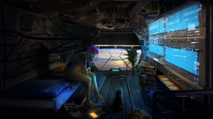 Woman with purple hair and cat in futuristic room