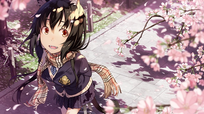 Anime girl with fangs and animal ears under cherry blossoms