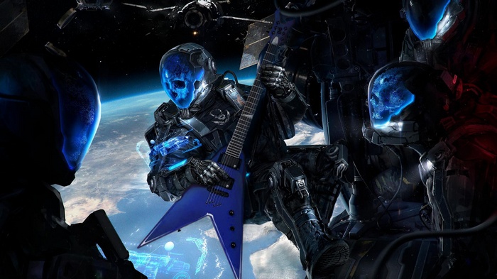 Futuristic astronaut playing a blue electric guitar in space