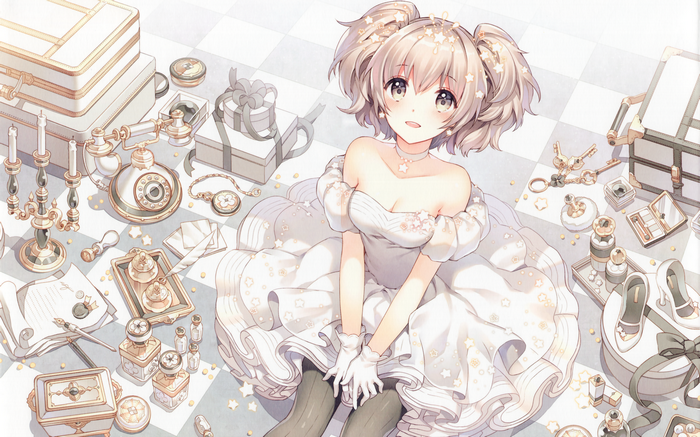 jewelry, sitting, stars, dress, shoes, pearls, pantyhose, looking at viewer, phone, short hair, open mouth, anime, gray eyes, smiling, twintails, anime girls, gloves, Nardack, original characters