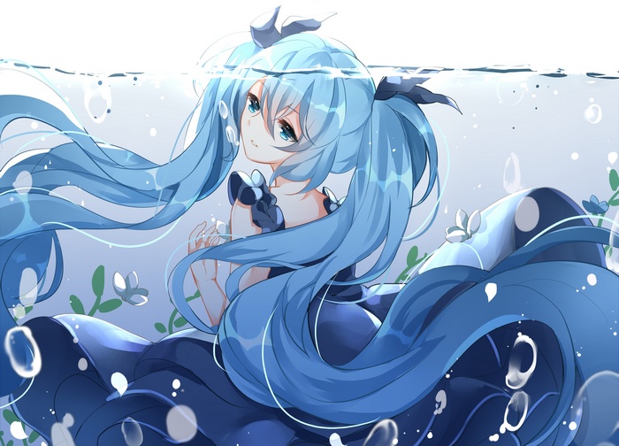 Hatsune Miku underwater with blue dress and pigtails