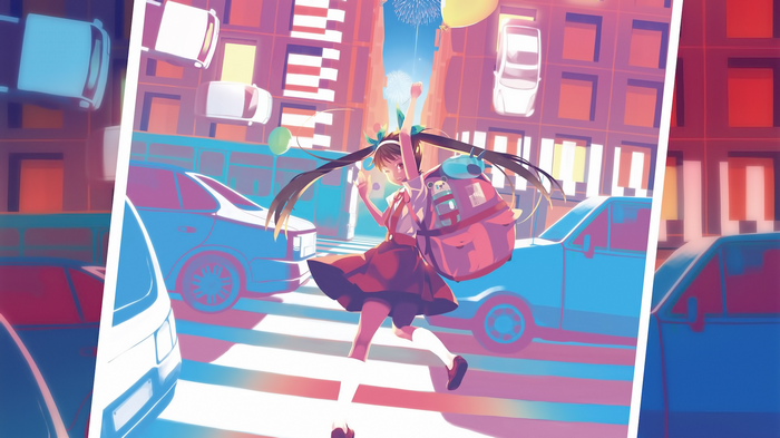 Hachikuji Mayoi crossing a street with balloons