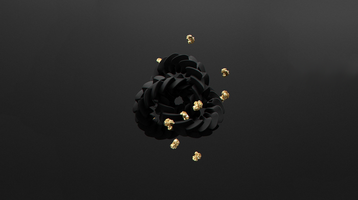 Black abstract 3D object with gold nuggets