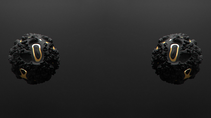 Two abstract 3D objects with gold accents