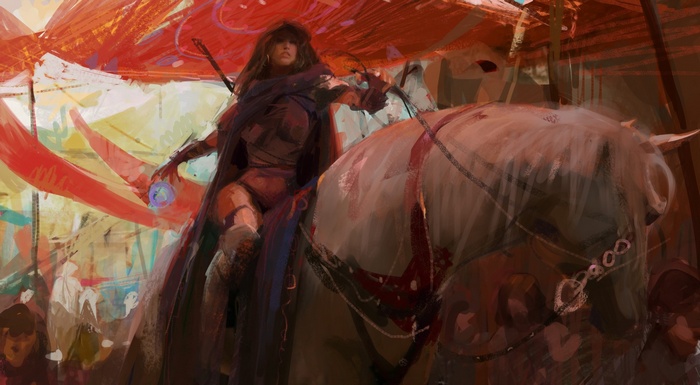 Fantasy art of a woman on horseback in a market