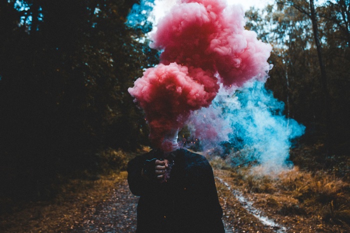 Person holding pink and blue smoke bomb in forest