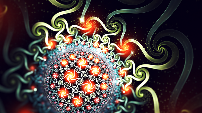 Abstract fractal art with glowing spirals and circles