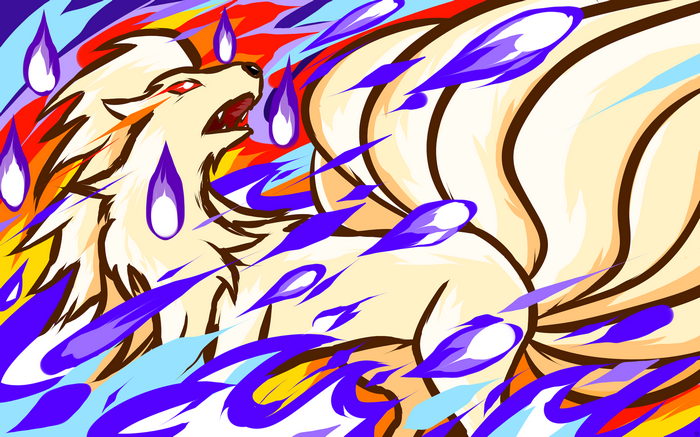 Ninetales surrounded by flames and purple energy