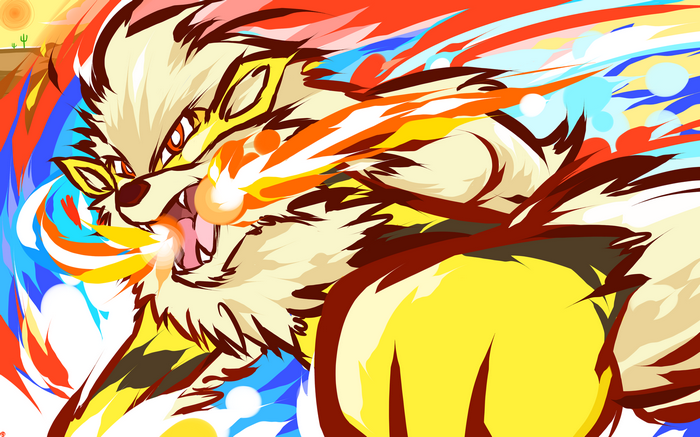 Arcanine breathing fire in a desert landscape