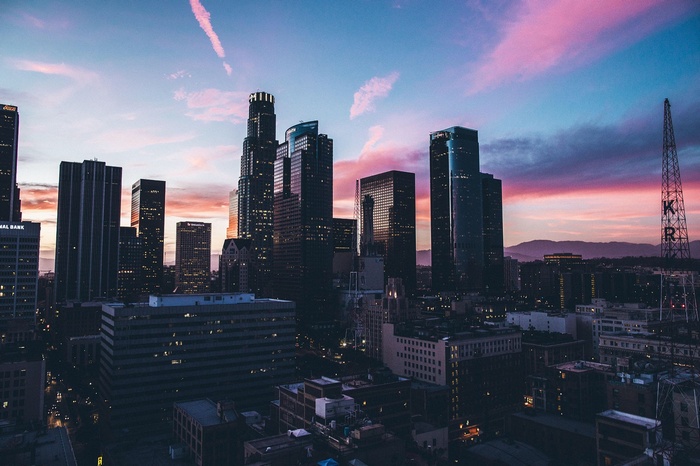Los Angeles cityscape at sunset with mountains