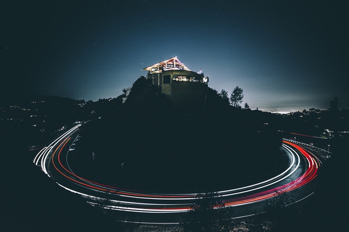 Los Angeles house with light trails at night