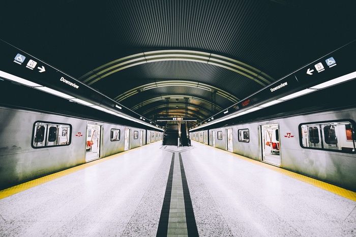 Toronto subway station with trains at Downview platform