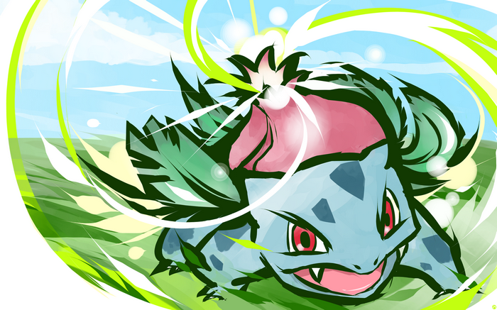 Pokémon Ivysaur in a grassy field with swirling green energy