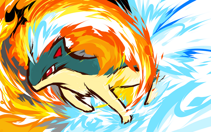 Pokémon Quilava surrounded by fire and ice
