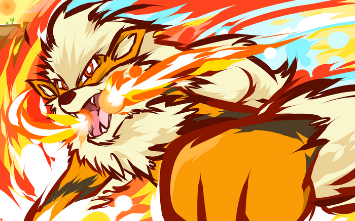 Arcanine Pokémon breathing fire in a desert