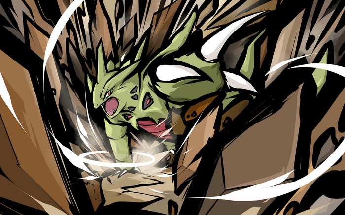 Tyranitar emerging from rocky terrain