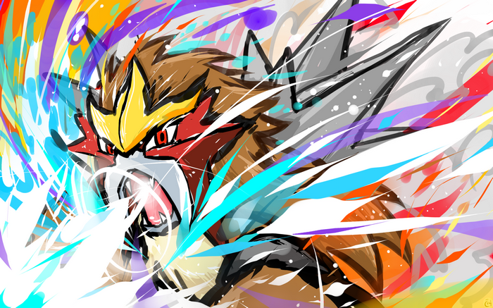 Entei unleashing a fiery attack with colorful energy