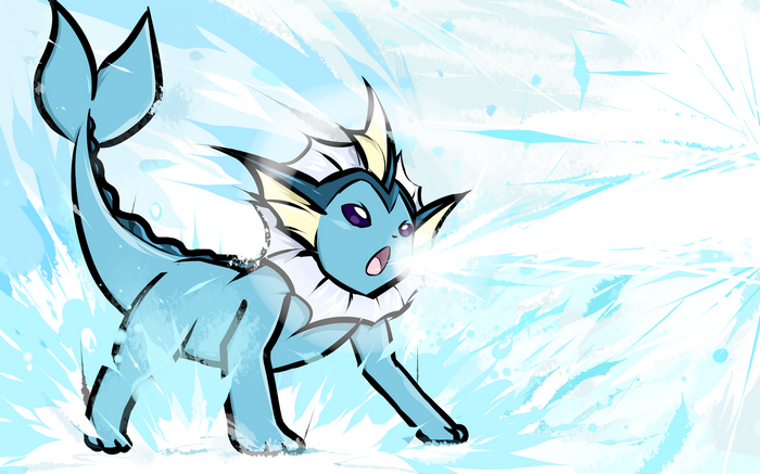 Vaporeon breathing out water in a stylized illustration