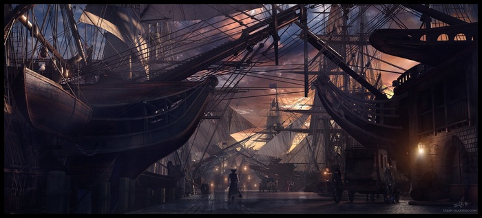 Sailing ships in a medieval harbor at sunset