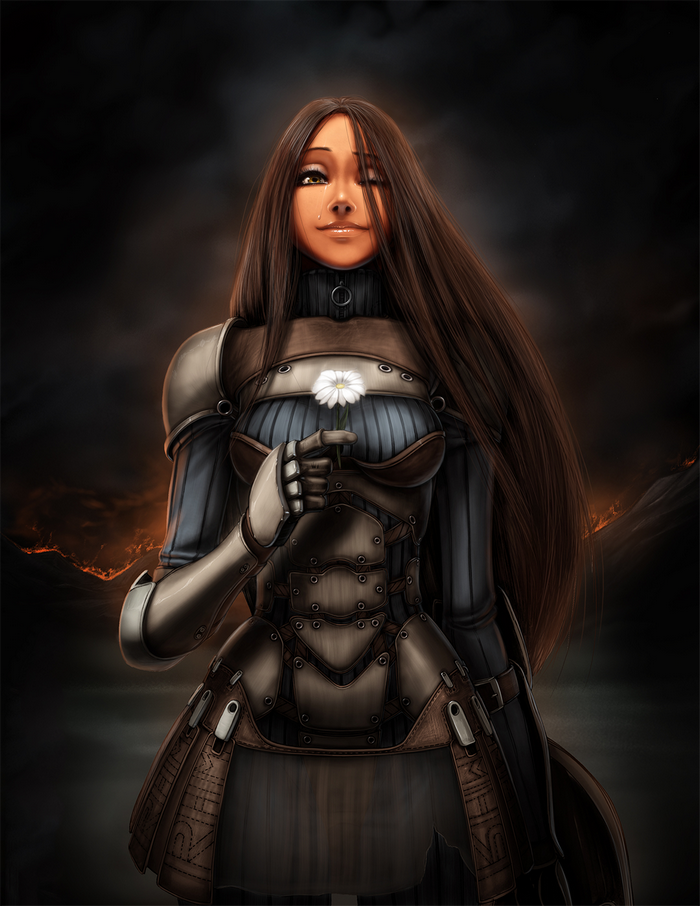 Fantasy Armor Woman Holding a White Flower