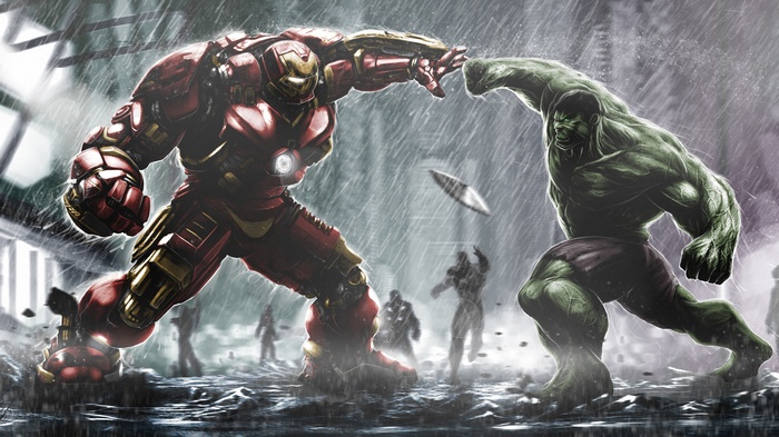 Hulk and Hulkbuster fighting in the rain