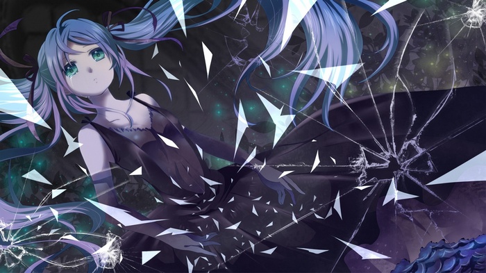 Hatsune Miku crying behind broken glass