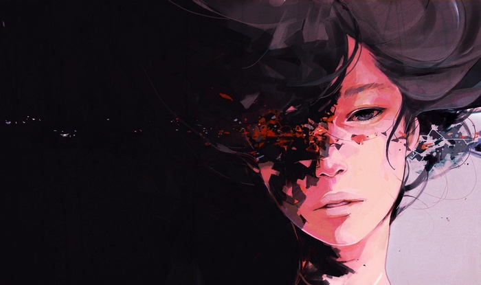 Anime girl with dark hair and fragmented face