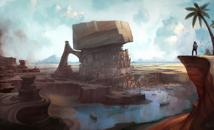 Fantasy art of a desert city built into a rock formation