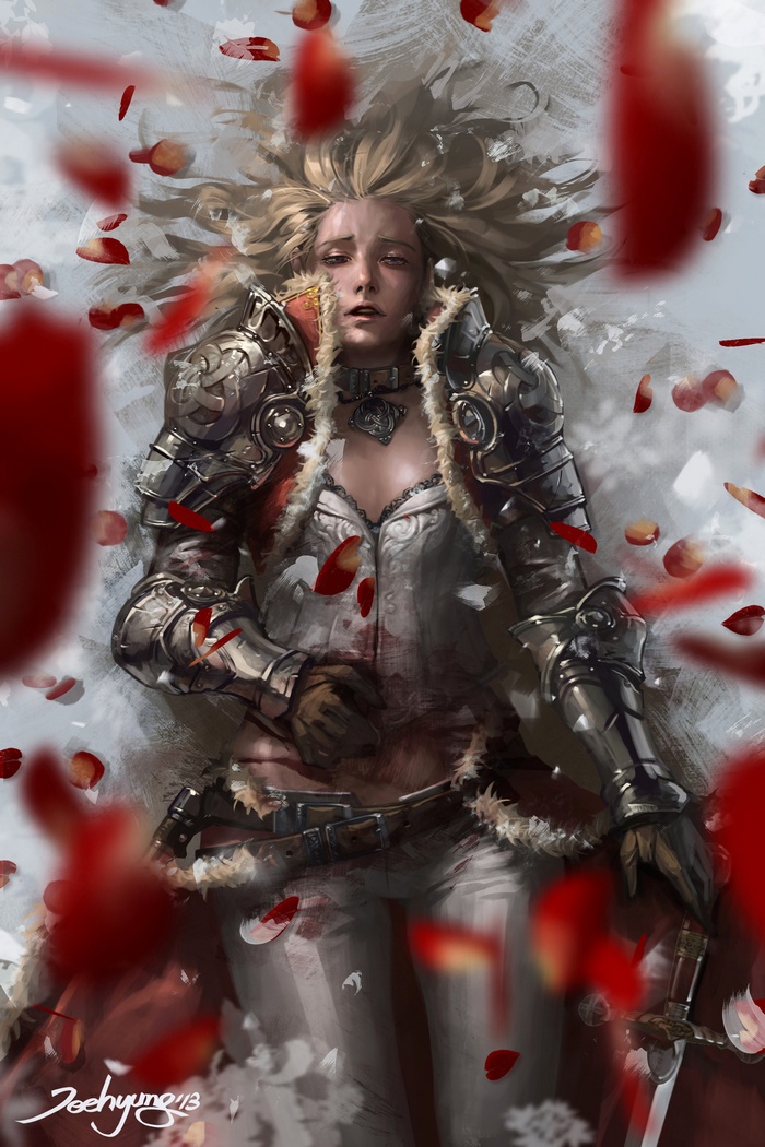 Fantasy warrior woman lying down with rose petals
