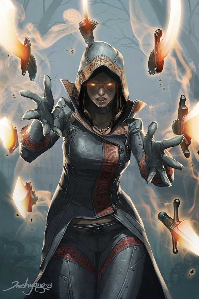 Fantasy art of a sorceress with glowing eyes and floating swords