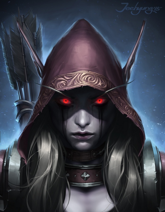 Sylvanas Windrunner with glowing red eyes and hood