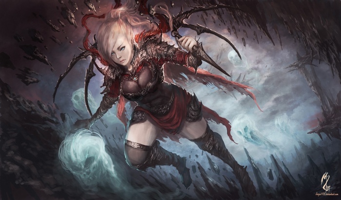 Fantasy art of a winged warrior with glowing magic