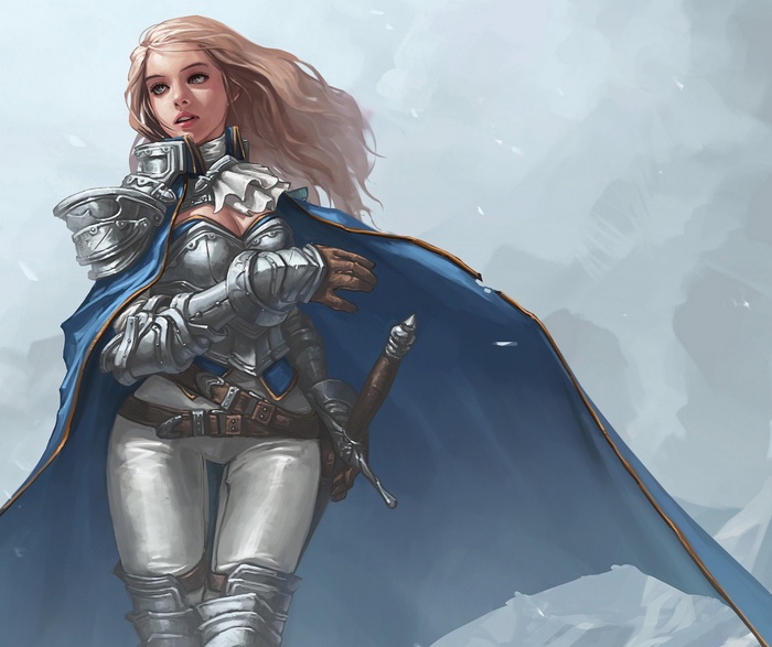 Fantasy female knight in armor with blue cape