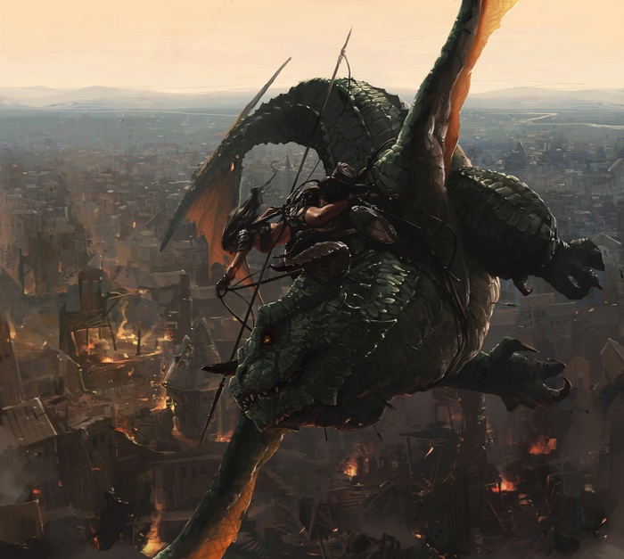 A rider on a green Wyvern flying over a burning city