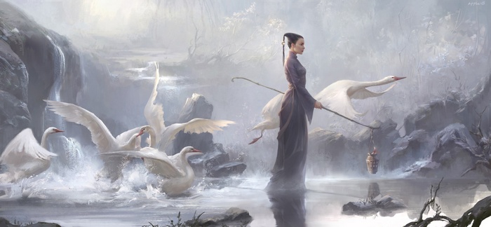Fantasy art of a woman with swans by a waterfall