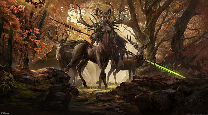 Fantasy Centaur with Antlers and Deer in Forest