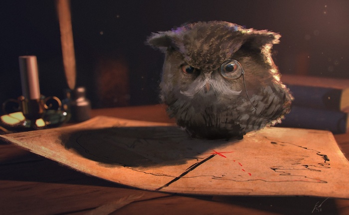 An owl with a monocle and mustache on a treasure map