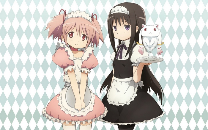 Madoka Kaname and Homura Akemi as Maids with Kyubey