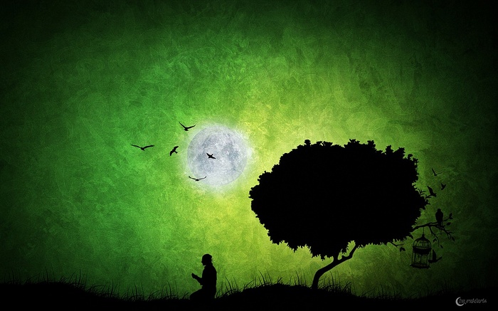 Silhouette of a person praying under a tree with birds and moon
