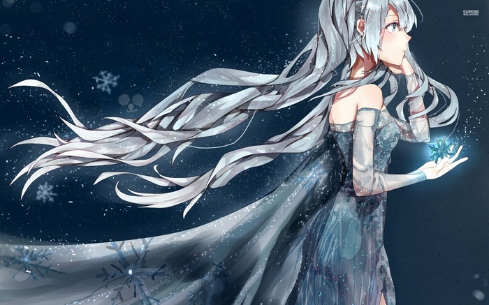 Anime girl with long white hair and a snowflake