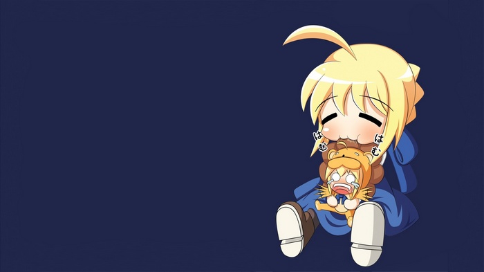 Chibi Saber holding a crying lion plush