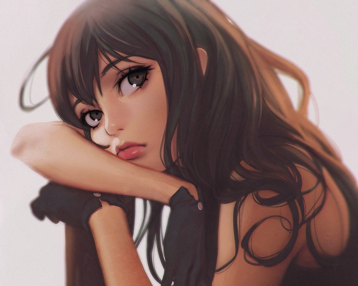 Anime girl with dark hair and gloves by Ilya Kuvshinov