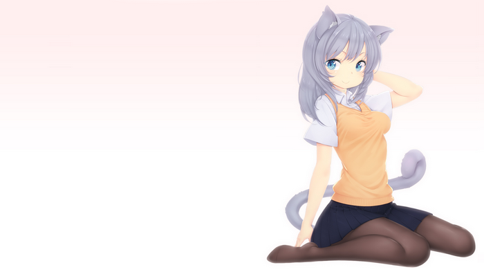 Anime cat girl with blue eyes and grey hair