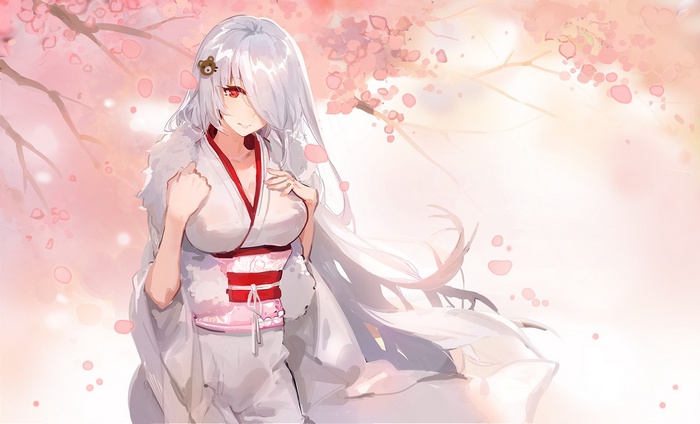 Anime girl with white hair and red eyes in a kimono