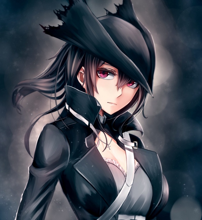 Anime girl with pink eyes and black hat